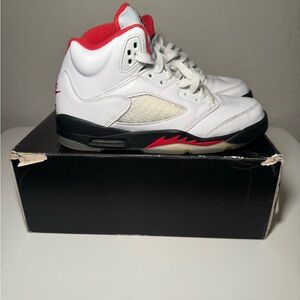 Retro Jordan 5 Kids White and Red High-Top Sneakers